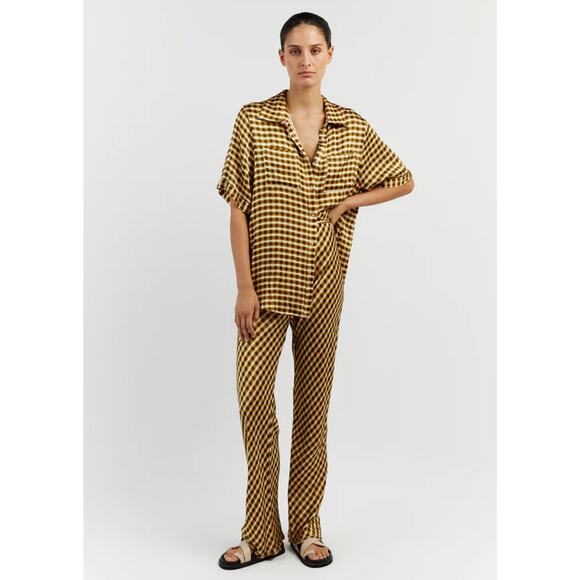 DISSH Gala Lime Satin Gingham Checkered Straight Leg High Waisted Pants 8 - Picture 1 of 7